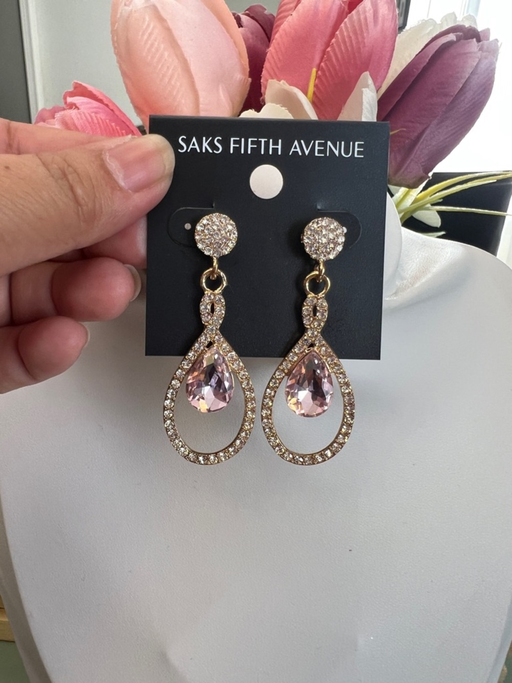 Saks Fifth Avenue Dangling Oval Pink Stone Earrings - Picture 6 of 7